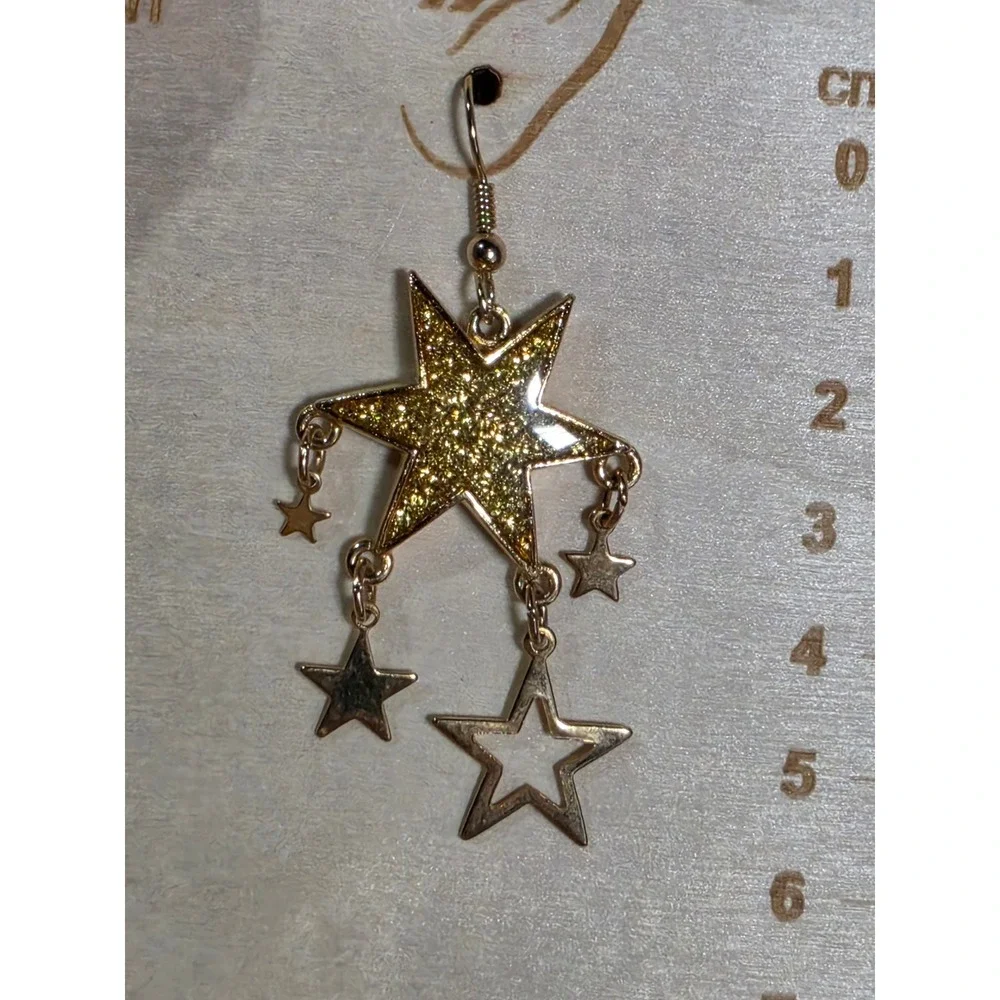 Vintage JJ Jonette Jewelry Gold Tone Celestial Glitter Star Dangle Earrings